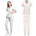 thumbnail image 2 of Jogging Scrubs Set for Women Soft and Stretchy Nurse Uniform V-Neck Tops and Yoga Jogger Pants with Pocket White L, 2 of 6