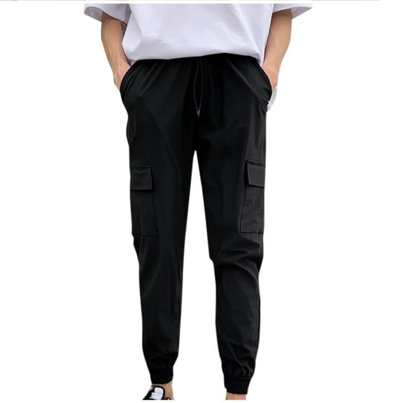 Men's Classic-FIT Fashion Casual Solid Color Multiple Cargo Pockets Elastic Rope Casual Pants Pantalones Para Hombre Black XL