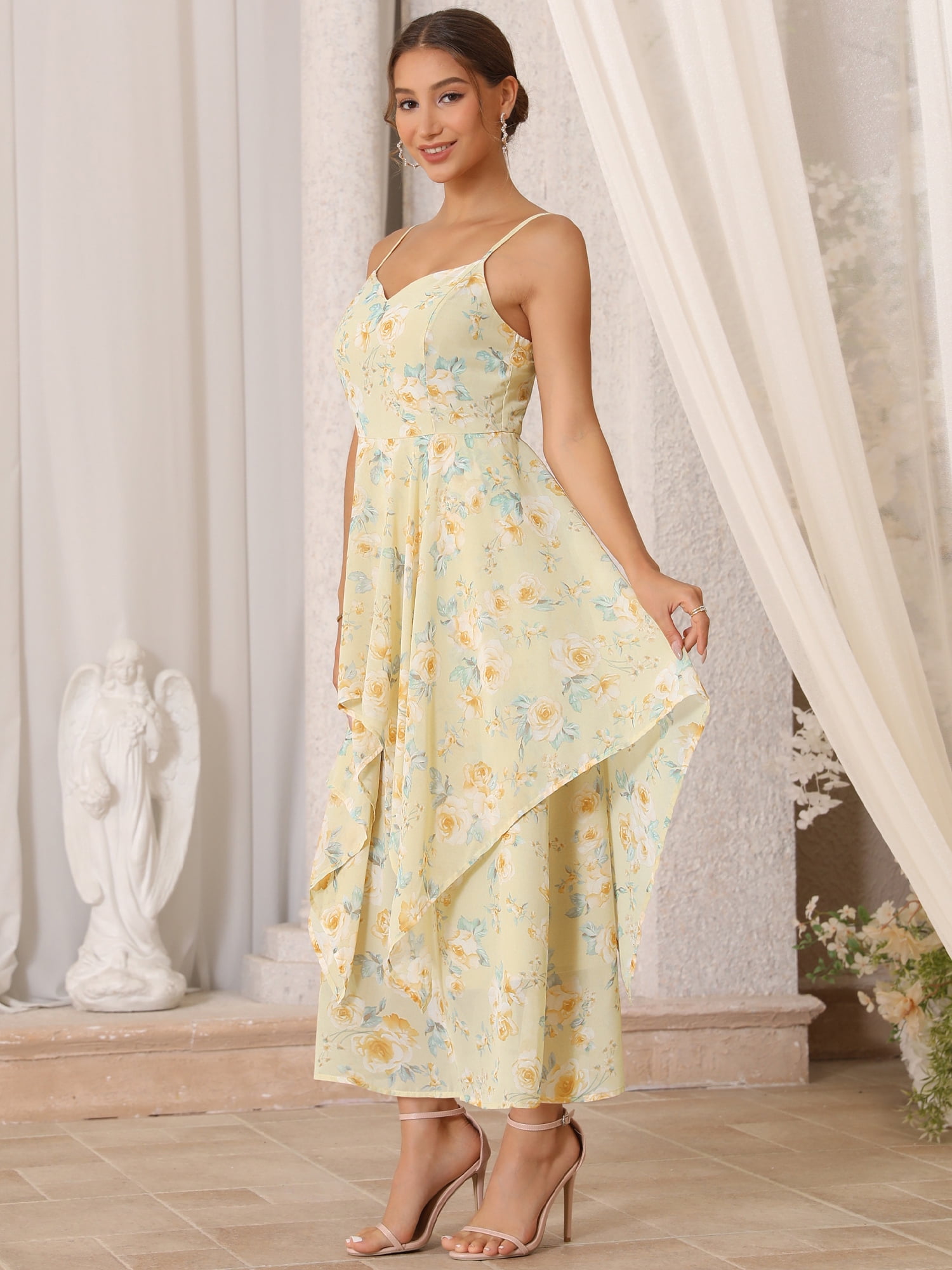 DARING DIVA Women's Easter Floral Chiffon Ruffles Tiered Spaghetti Strap L Light Yellow