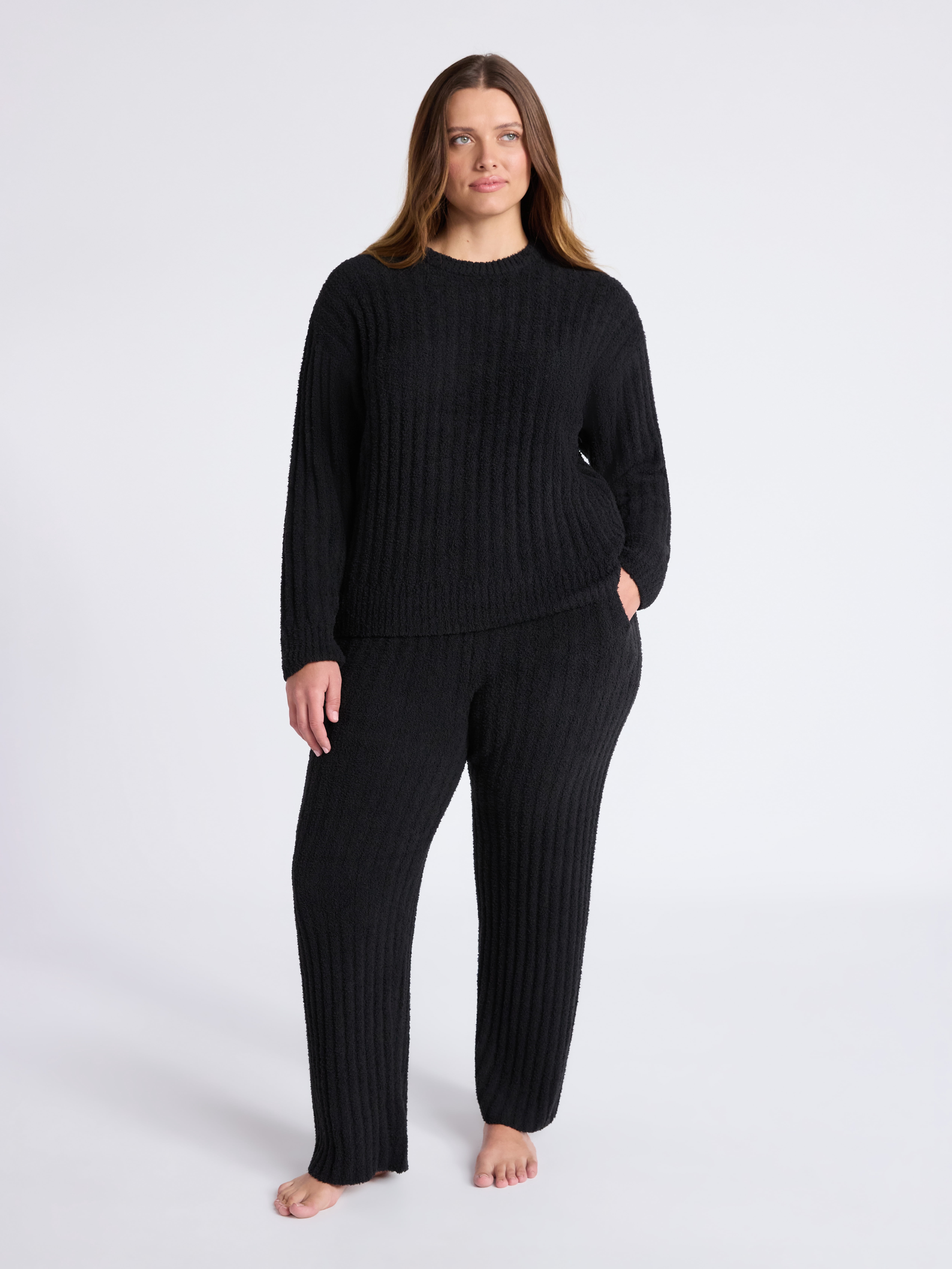 Joyspun Women's Cozy Ribbed Crewneck Top and Wide-Leg Pants Set, 2-Piece, Sizes XS-3X