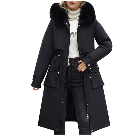 HTNBO Women's Winter Coats Detachable Cotton Padded Lined Parka Jacket Faux Fur Hooded Long Winter Warm Outwear