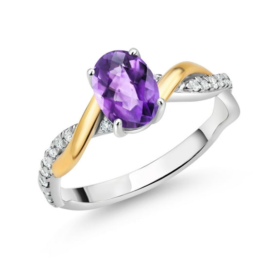 Gem Stone King 2 Tone 10K Yellow Gold and 925 Sterling Silver Purple Amethyst and White Lab Grown Diamond Twisted Interwoven Ring for Women (0.86 Cttw, Available in Size 5,6,7,8,9)