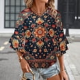 thumbnail image 3 of Colorful Floral Pattern Rug Women's V-Neck Blouse With 3/4 Ruffled Bell Sleeves Casual Top Ladies Blouses, 3 of 7