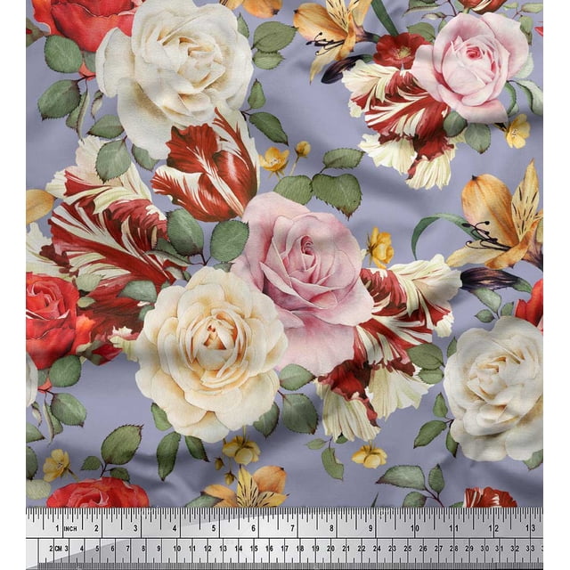Soimoi Tissu en Coton Gris Cambric Imprimé Feuilles & Roses Floral au Mètre 42 Pouces de Large