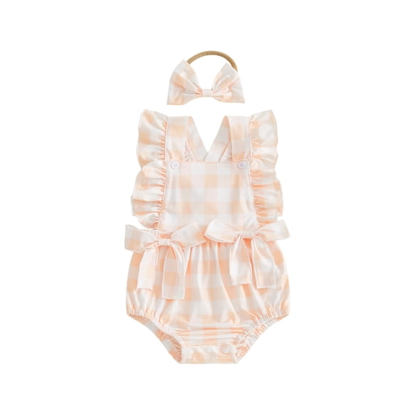 BemeyourBBs Newborn Baby Girl Summer Clothes Plaid Bubble Romper Cute Infant Girl Sleeveless Ruffle Jumpsuit Bodysuit Playsuit with Headband