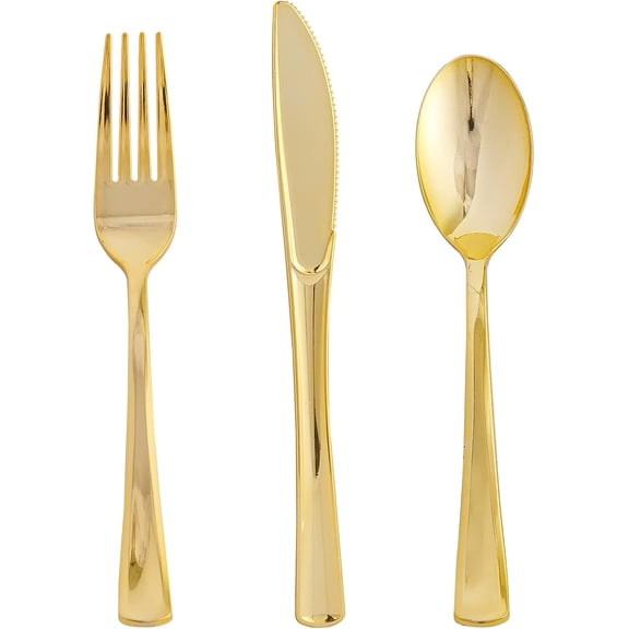 PCS 75 Pack Gold Plastic Silverware Disposable Cutlery Set - 25 Forks Knives Spoons - Disposable Flatware Heavy Duty Plastic Utensils Set for Catering, Parties, Dinners, Weddings : Everything Else