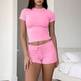 thumbnail image 2 of SROBPTY Womens Set Solid Crew Neck Short Sleeve Top Drawstring Shorts Outfits for Casual Wear, 2 of 5