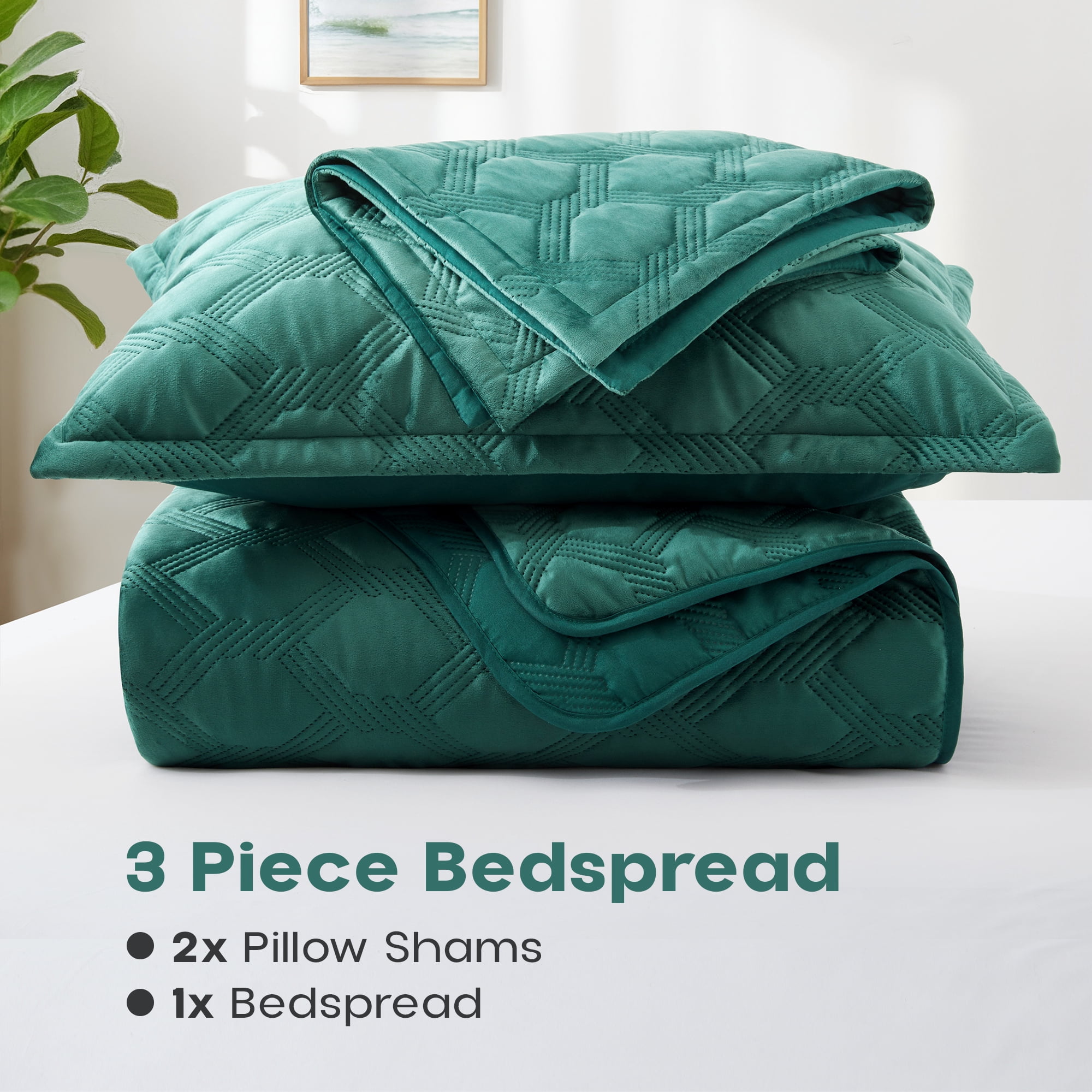 Ameha Velvet Quilt Set 3 Piece Geometric Ultrasonic Embossed Bedspread Reversible 350GSM Soft Microfiber Bedding Emerald Green Full/Queen