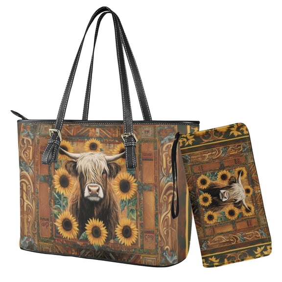 Kuiaobaty Highland Cow Print Tote Purse for Women, Sunflower Print Leather Shoulder Handbag with Adjustable Strap, Large Capacity Satchel Purse with Wallet for Travel, Brown