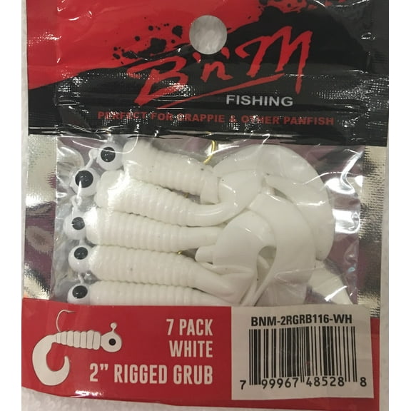 B'n'M 2" Rigged Grub Lure, White, 1/16 oz., 7 Count