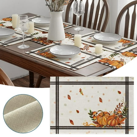 

GROFRY Place Mat Pumpkins Mushrooms Leaves Print Washable Linen Blend Family Holiday Coaster Kitchen Accessories