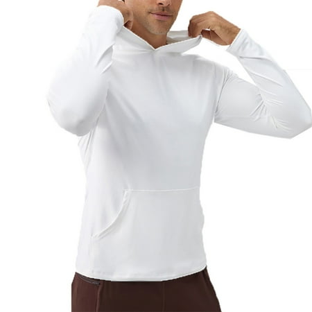 JUUYY Men s Sun Shirt Protection Hoodies UPF 50+ Long Sleeve Workout Fishing Shirt Lightweight Solid Color Wicking Quick Drying Fitness Wear with Pocket White L
