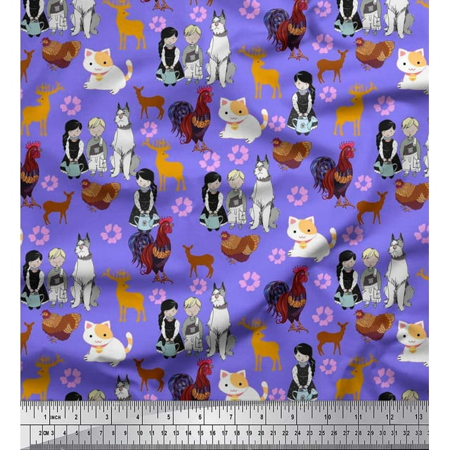 Soimoi Polyester Crepe Fabric Reindeer,Hen & Cock Bird Printed Craft Fabric by The Yard 52 Inch Wide