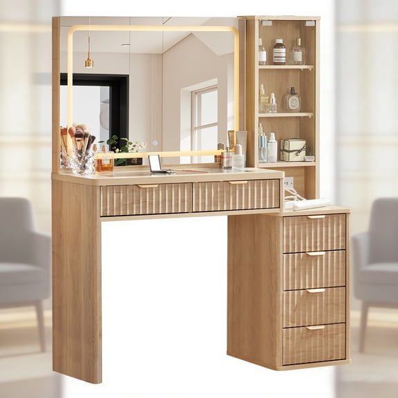 Leyaoyao 43.5 Fluted Makeup Vanity Desk with Mirror and LED Lights, Wood Makeup Vanity with Power Outlet & 3 Shelves for Living Room, Natural Oak