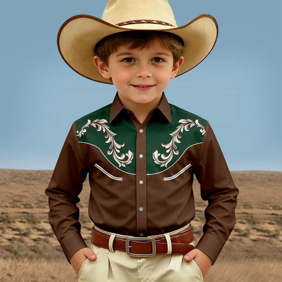 FYDUU Boy's Western Cowboy Shirt Printed Long Sleeve Shirts Vintage Casual Button Up Blouses Regular Fit Dress Festival Shirts For Kids 10-11 Years