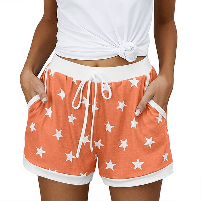 Pantalones Cortos Casuales de Verano para las Mujeres Bolsillo de Cordón de la Estrella de la Moda, Pantalones de Cintura Elásticos para Dormir en el Hogar