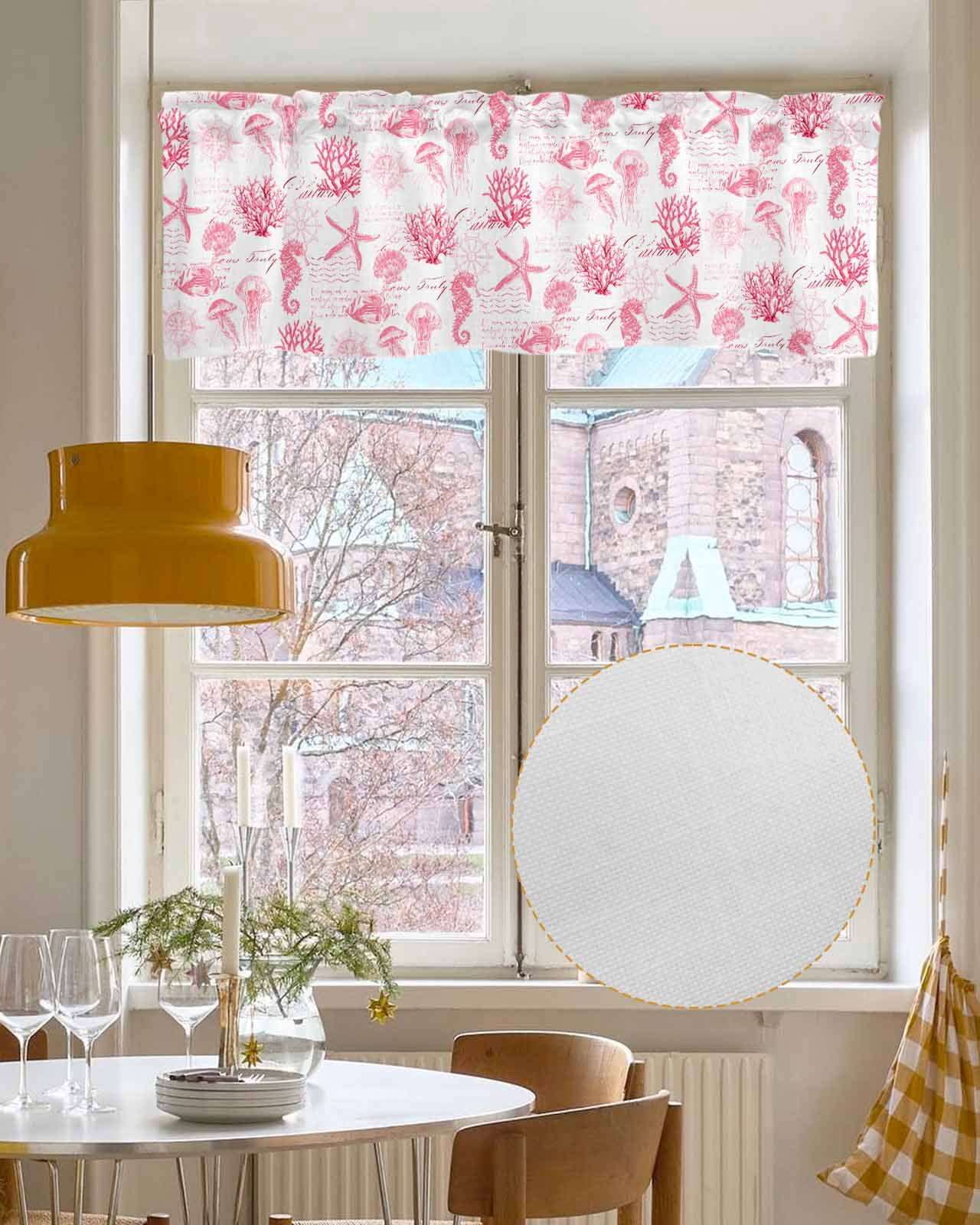 Pink Ocean Coastal Kitchen Valances for Windows Farmhouse Linen Window Valance Curtain for Living Room Window Treatment Nautical Starfish Jellyfish Coral Valance Rod Pocket Topper Drape, 42 x 18 Inch