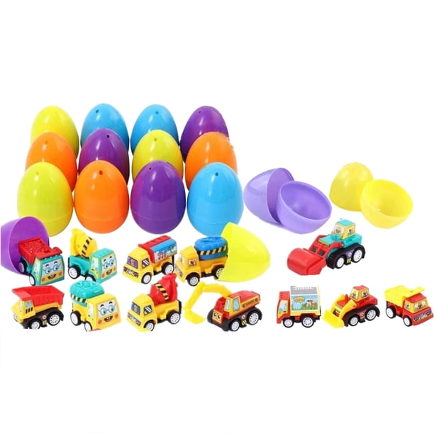 Huevos de Pascua rellenos: paquete de 12 con coches de retroceso, diseño encajable, para búsquedas de Pascua/fiestas de cumpleaños, juguetes sorpresa para niños