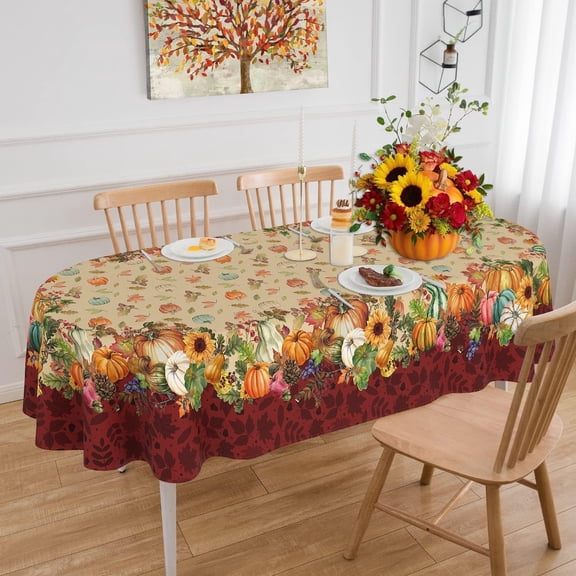Fall Tablecloth Oval 52 x 70 Inch, Oval Fall Tablecloth, Autumn Pumpkin Thanksgiving Tablecloth Oval, Fall Oval Table Cover