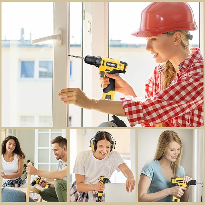 PULITUO 12V Cordless Power Drill Set with Battery and Charger, 3/8" Keyless Chuck, 21+1 Torque Settings, Built-in LED Light, Compact Electric Drill Kit for Home Improvement and DIY Projects(yellow)