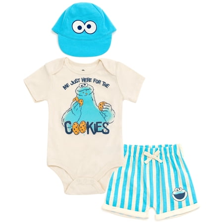 Sesame Street Cookie Monster Bodysuit, Shorts and Baseball Cap 3 Piece Outfit Set Newborn to Infant