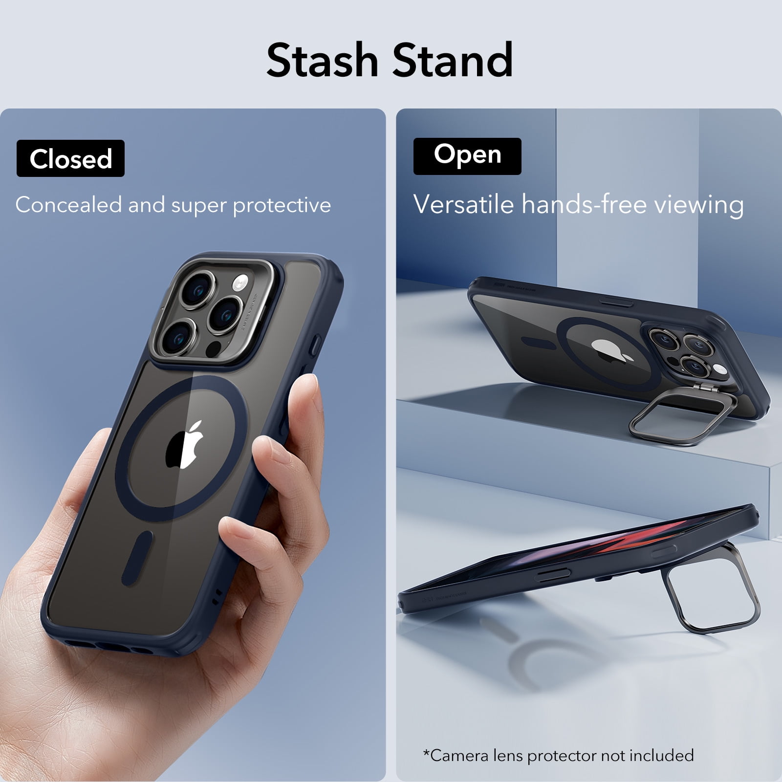 ESR Kickstand Case with HaloLock Compatible with iPhone 15 Pro Max Case, with adjustable Camera Guard, Compatible with MagSafe, Ultra-high Hardness Protection, Clear Dark Blue