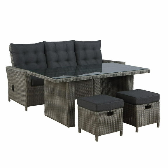 Asti Wicker / Rattan 4 Piece Set with Sofa Table and 2 Ottomans in Gray