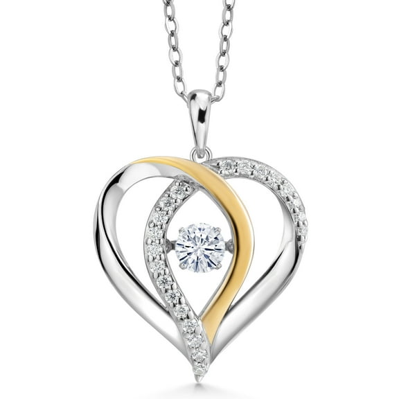 Gem Stone King 925 Sterling Silver and 10K Yellow Gold White Moissanite Dancing Pendant Necklace Birthday Mother’s Wife Mom Jewelry Gift for Women (0.82 Cttw, with 18 inch Chain)