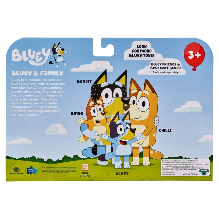 Bluey & Family 4 Pack of 2.5-3 Figures, Including Bluey, Bingo, Mum & Dad