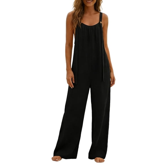 Women's Casual Overalls Boho Floral Loose Wide Leg Jumpsuits Summer Pleated Outfits with Pockets Red L
