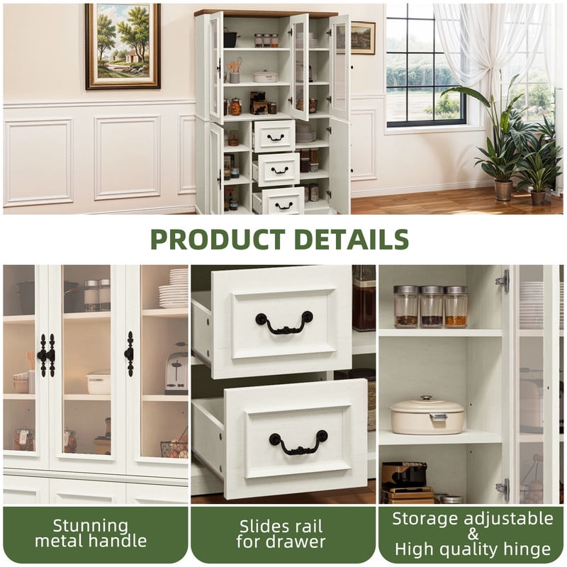 Uforic 70" Tall Pantry Cabinet with Glass Doors, Modern Farmhouse Kitchen Pantry Storage Cabinet with Drawer, White