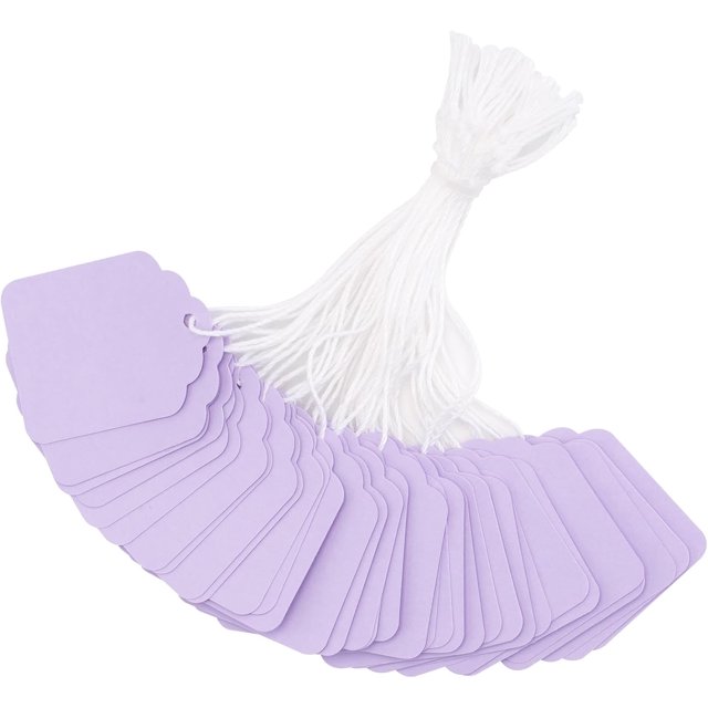 joycraft 200PCS Blank Tags with String, 45 x 35mm Kraft Paper Hang Tags, Purple Clothing Labels, Product Labels, Writable Marking Tags with String Attached for Jewelry, DIY, Gift Tags