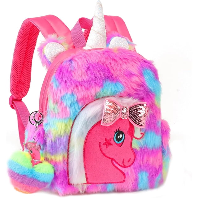 Unicorn Plush Backpack For Girls, Cute Soft Pu Leather Toddler School Book Bag, Kawaii Fluffy Kids Backpacks.