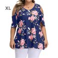 thumbnail image 1 of Camisa De Mujer Blusa De Manga Corta Con Túnica De Hombros Fríos Con Estampado Floral, Azul, XL AweSitey AP002473-21, 1 of 6