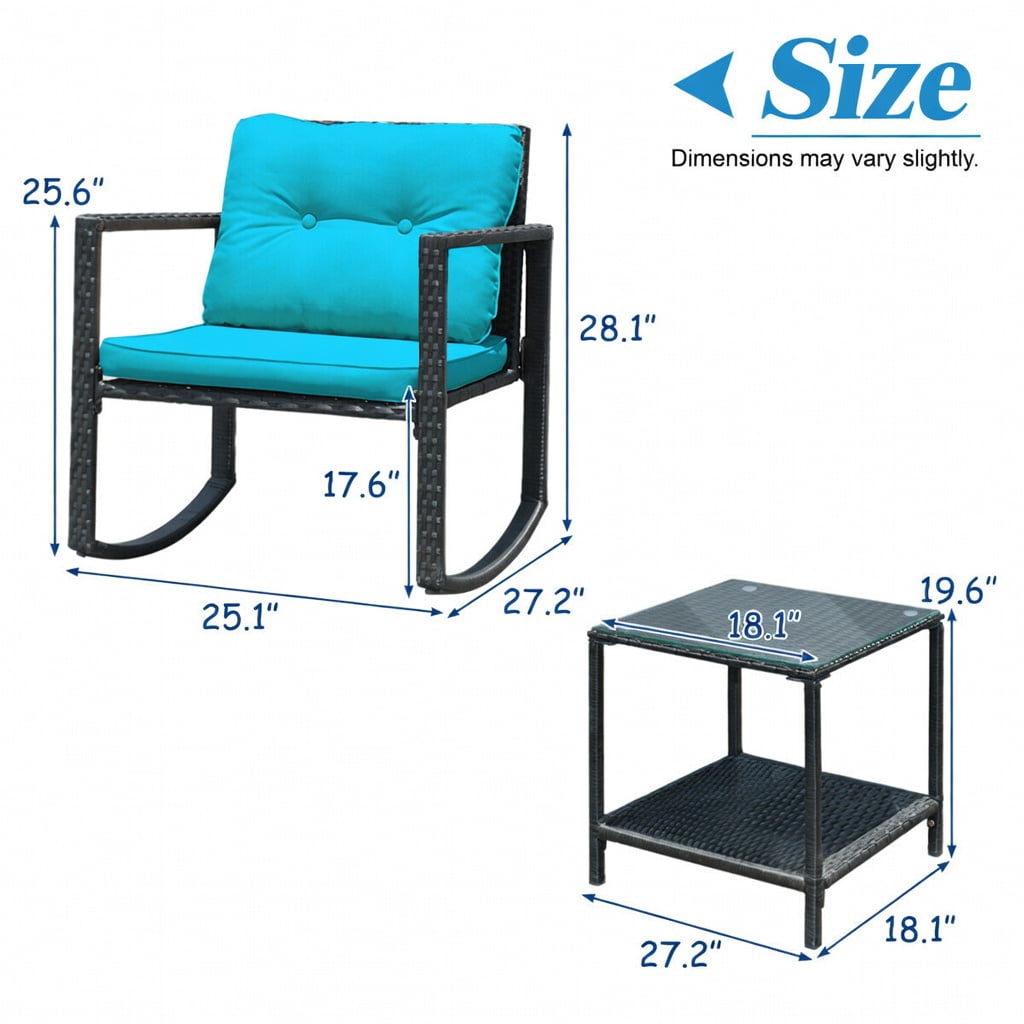 Hommoo 3-Piece Outdoor Wicker Rocking Bistro Set with Tempered Glass Coffee Table & Storage Shelf, Turquoise
