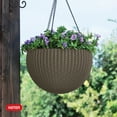 thumbnail image 2 of Keter Resin Rattan Set of 2 Round Hanging Planter Baskets for Indoor and Outdoor Plants, Cappuccino, 2 of 12