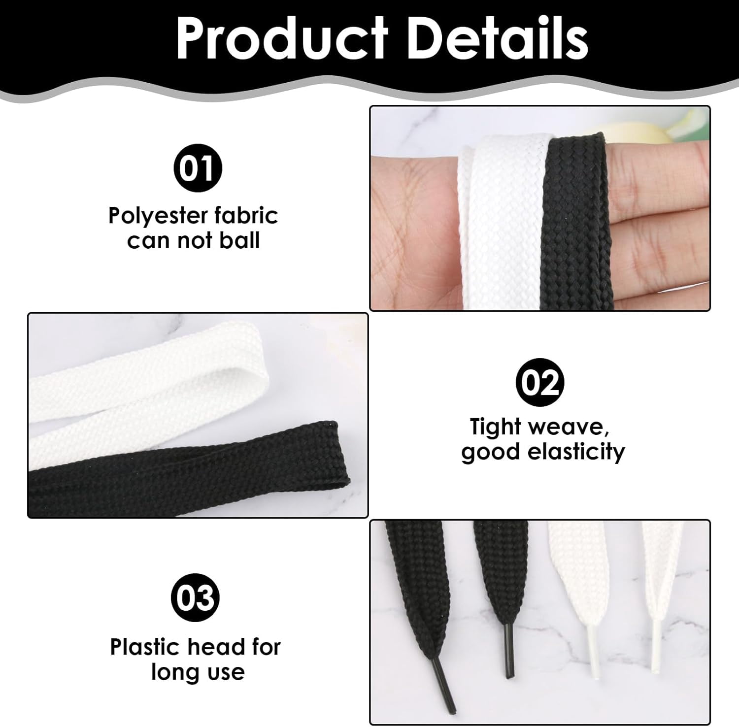 6 Pair Chunky White and Black Fat Laces, 4/5" (20mm) Wide Athletic Thick Flat Solid Color Replacement Shoelaces for Adults Teenages Retro Skate Sneaker Shoes (Black & White, 39"/47"/55")
