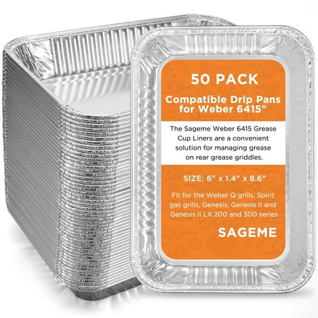 50 Pack Grill Drip Pans Compatible with Weber 6415，8.5" x 6"Disposable Aluminum Foil BBQ Grease Trays