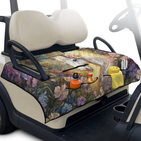 LedBack Horse Flower Print Golf Cart Seat Towel Covers with 4 Front Pockets Foldable Golf Cart Blanket Seat Covers with Non-Slip Backing, Suit for EZGO, Yamaha, Club Car