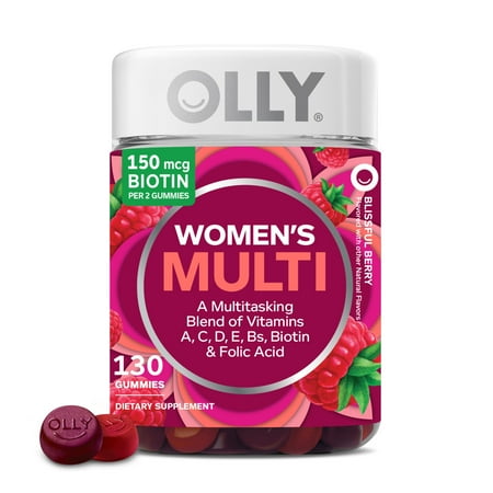 OLLY Women's Multivitamin Gummy, Vitamins A, D, C, E, Biotin, Folic Acid, Berry Flavor, 130 Ct
