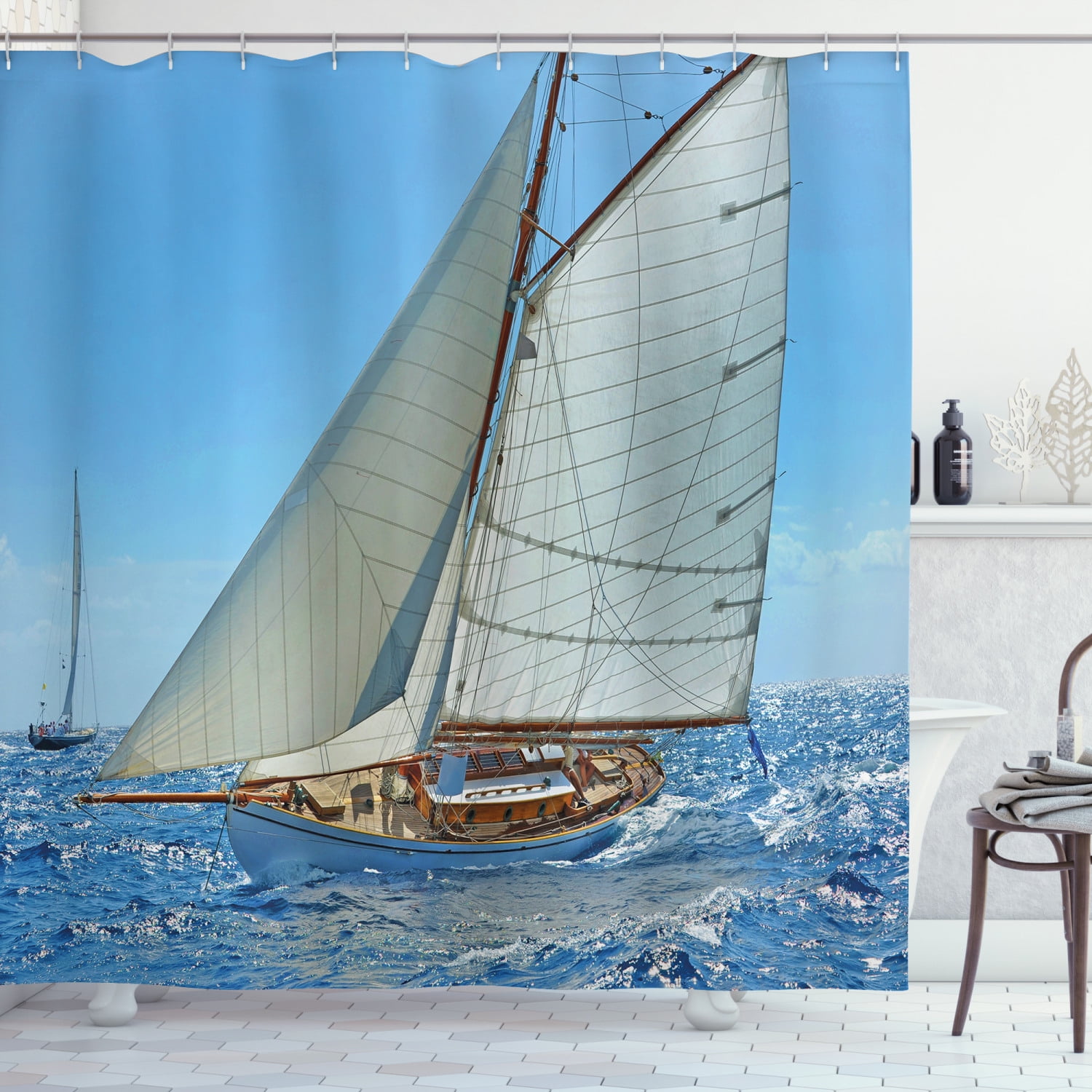 Hand Drawn Sailboat Race Shower Curtain Liner Waterproof Fabric Bathroom Hooks 