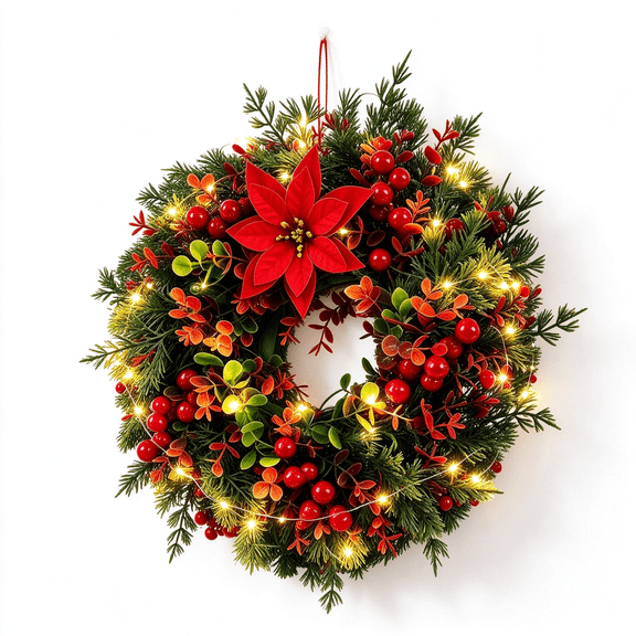 Artificial Christmas Wreath with Lights | Pre-Lit Red Berry Pine Needle Holiday Wreath for Front Door Wall Window Fireplace Decor | Festive Winter Home Party Decoration