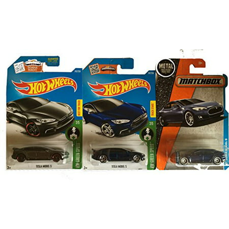 Hot Wheels 2016 Blue & Dark Grey with Matchbox Blue Tesla Model S 3-Car