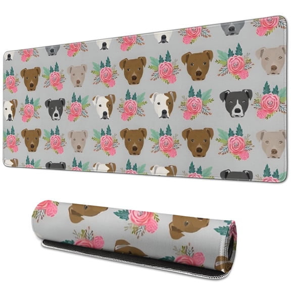 Long Mouse Pads for Desk,Cute Pitbull Terriers Dog and Flower Desk Mats on Top Of Desks, Desk Mouse Pad Extra Large with 3mm Non-Slip Base and Stitched Edge for Gaming,Office,Work,Home 31.5"x11.8"