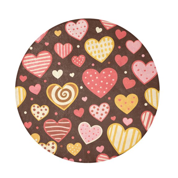 BZSMCE Chocolate-colored Heart Pattern Round Fluffy Area Rug 32.2in Non-Slip Circular Shaggy Rug