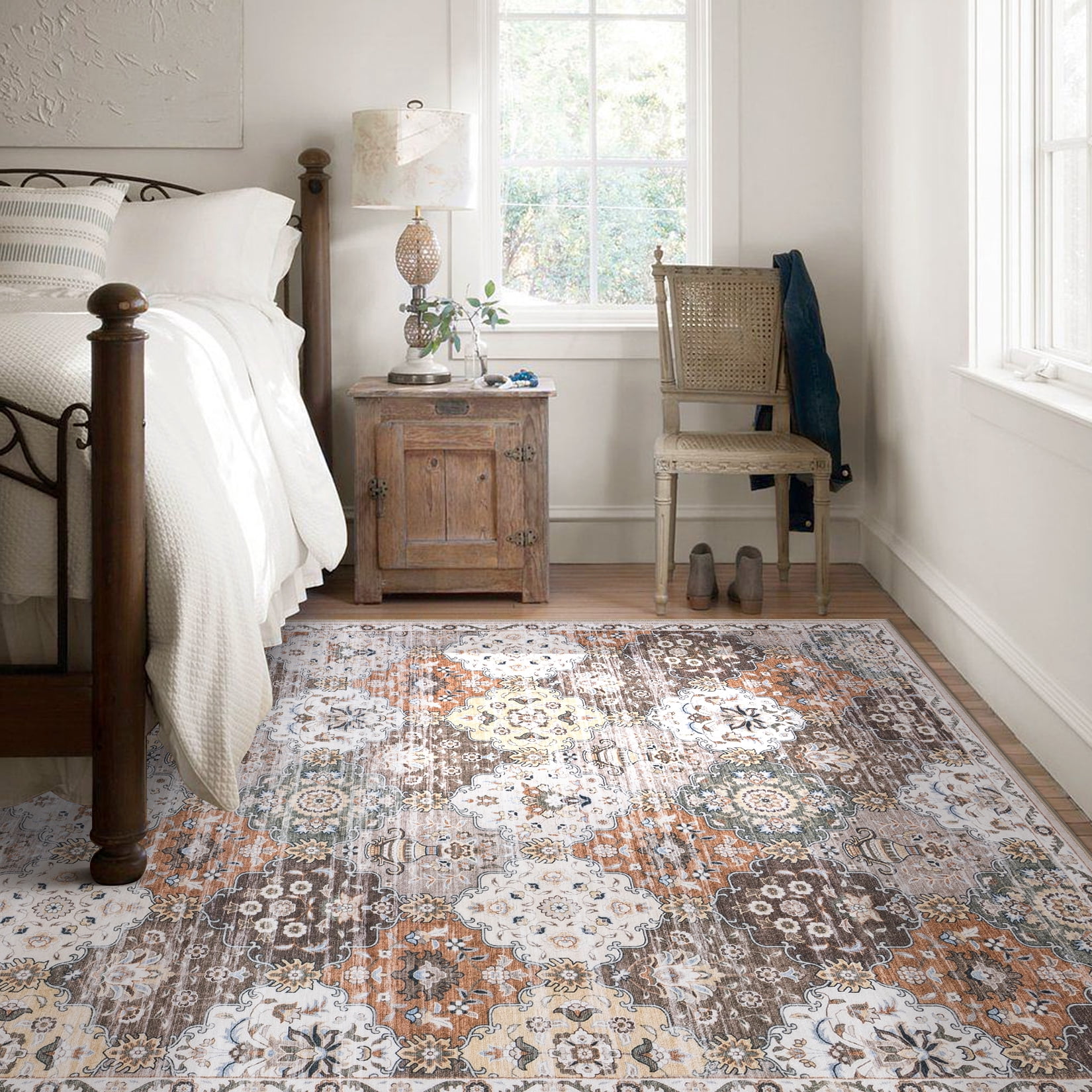 Toyoso 8x10 Area Rug Living Room Rugs - Washable Vintage Floral Soft Thin Large Rug Indoor Floor No Slip Rug Carpet for Bedroom Under Dining Table Home Office Decor - Multi Brown