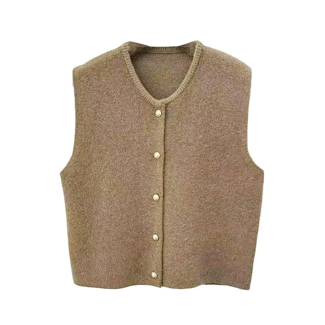 Chaleco de punto tipo cárdigan para mujer, cuello redondo, informal, para primavera y otoño, cómodo y suave. Caqui