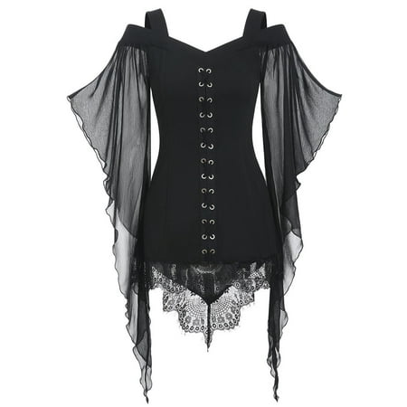 

Tuscom Corset Dress Steampunk for Women Lace Gothic Punk Criss Cross Insert Sleeve T-Shirt Plus Size Tops