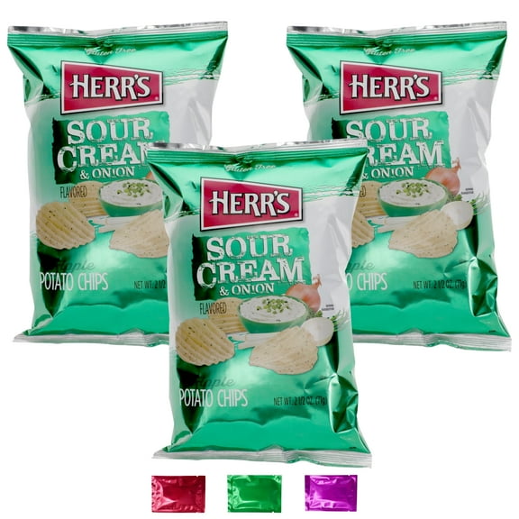 Herr’s Sour Cream and Onion Ripple Potato Chips, Tangy & Zesty Flavor Snacks Treat Party Lunch Movie Night Stuffers Travel On the Go Snacking 2.5 oz 3 Packs w/ Bonus Snoep in Beperkte Oplage