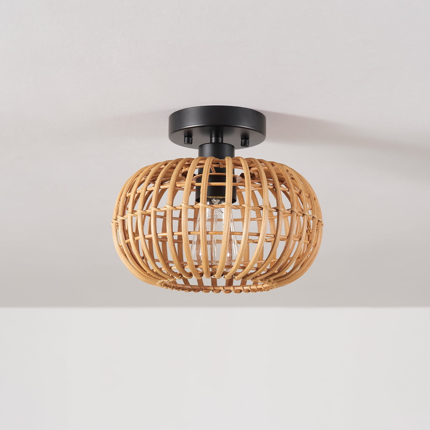 Globe Electric Fitz 1-Light Black Flush Mount Ceiling Light with Rattan Shade, 91000921